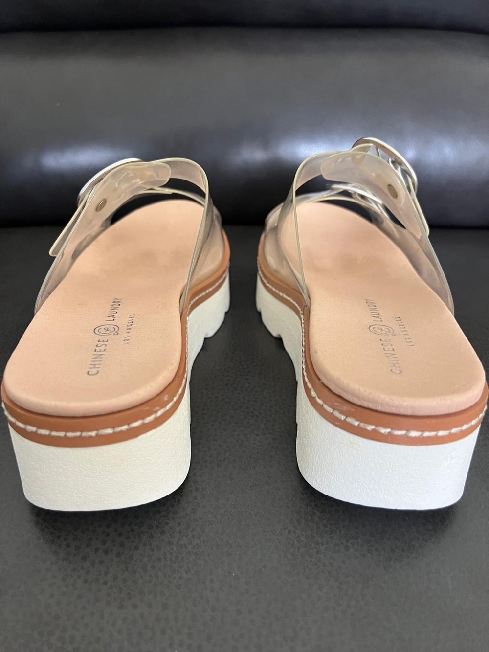 Chinese Laundry Clear Double-Strap Platform Sandals with Tan Footbed - Picture 7 of 10